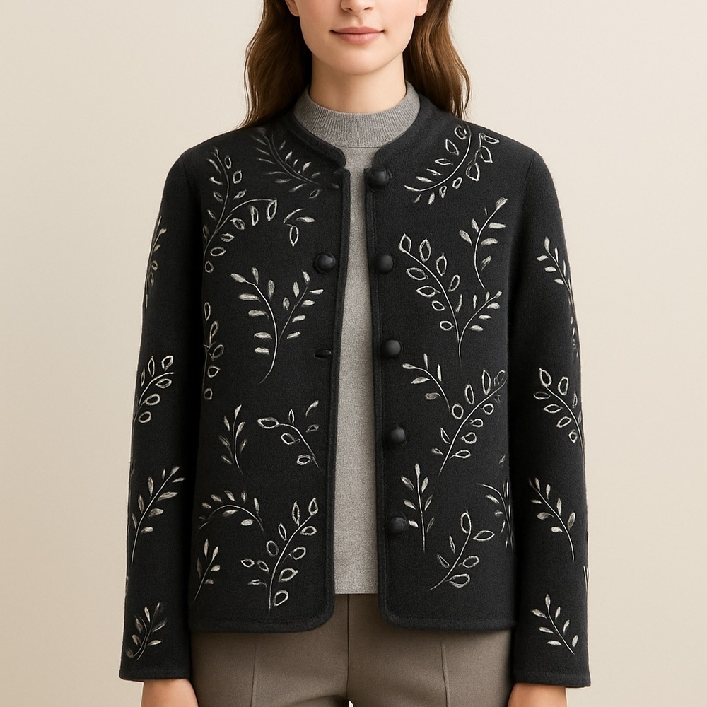 Covelo Black Embroidered Leaf Wool Button Jacket Women’s Small Artisanal